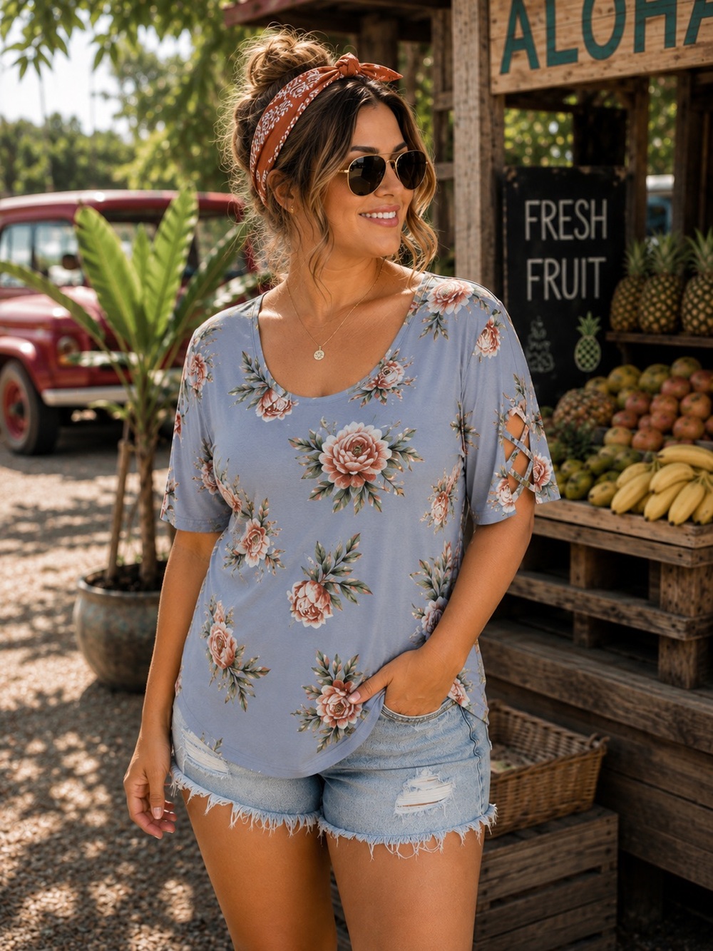 Hippie Chic Dusty Blue Floral Top Sz 1X Soft Boho Cottagecore
Crisscross Sleeve